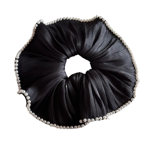 Elegant black pleated scrunchie with white pearl trim for hair styling for women
