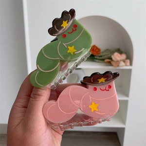 Cute Caterpillar Acetate Hair Claw Clip With Cowboy Hat Design Star Decor Green Pink Cartoon Hair Accessory For Women