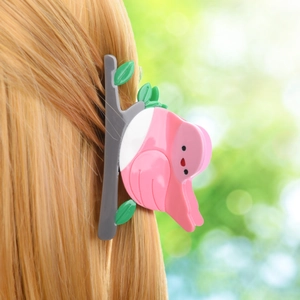 Chic pink bird and green leaf acetate claw clip for women's elegant hair styling