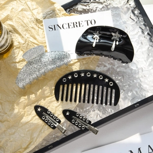 Fashion Star Cellulose Acetate Hair Clip Set Rhinestone Hair Claw Clip Elegant Black Silver Glitter Side Clips Hair Comb Women