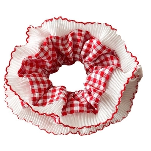 Red and white gingham lace hair scrunchie with pleated ruffled trim in French style