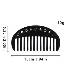 Detail showing dimensions of black acetate hair claw with silver star sequins and 10cm length