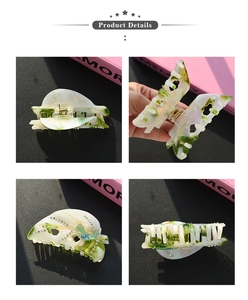 Detailed views of acetate shark hair claw with green marble texture and rhinestones