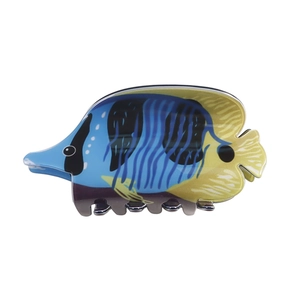 Pince à cheveux motif poisson tropical avec rayures bleues et jaunes en acétate durable