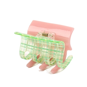 Modern acrylic shark hair claw with retro pink and green checkered pattern design