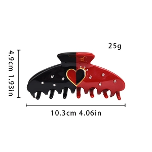 Detail view of acetate heart hair claw clip with rhinestones and precise dimensions