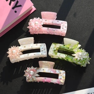 Molletta per Capelli in Acetato con Fiori per Donna Strass Finta Perla Artificial Marmo Clip a Squalo Grandi Fermagli Accessori Capelli