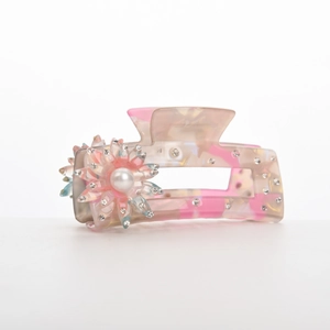 Pinza per capelli a fiore in resina rosa effetto marmo con strass da donna