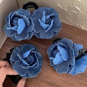 Vintage Denim Fabric Camellia Flower Hair Claw Clip Retro Blue Floral Shark Clip Elegant Hair Accessories For Women Daily Party