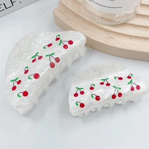 Elegant white marble hair claw clips with red cherry patterns for women hair styling