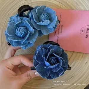 Denim camellia hair claw clips in light and dark blue vintage style for women