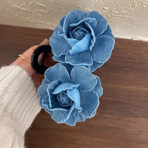 Retro denim blue camellia hair claw clip with vintage frayed flower petals for women