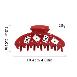Large red poker card hair claw clip with heart and diamond accents for women