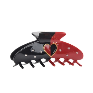 Red and black poker heart hair claw clip with sparkling rhinestones and golden trim