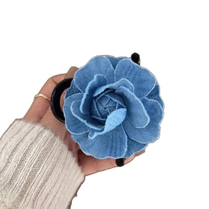 Denim blue fabric camellia flower hair claw clip with large black shark clip base