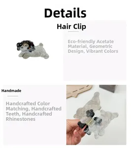 Détail de la pince à cheveux chien en acétate écologique avec strass faits à la main