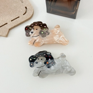 Pinces à cheveux en acétate motif petit chien avec marbrure et strass colorés