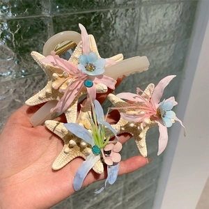 Pince à Cheveux Crabe Étoile de Mer Fleurs Fait Main Plastique Tissu Strass Accessoire Cheveux Femme Vacances Été