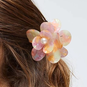 Elegant Flower Hair Claw Clip With Faux Artificial Pearl Marbled Acetate Floral Hairclip For Women Commuting Daily Hair Accessories