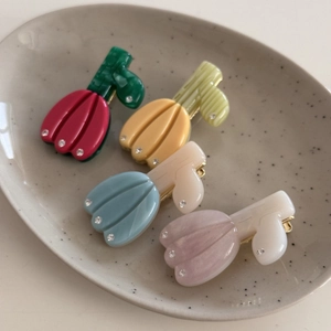Cute acetate tulip flower hair clips with sparkling rhinestones in four soft colors