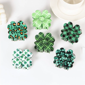 Cute Green Clover Flower Hair Claw Clip For Women Trendy Plaid Shamrock Leopard Print PVC Shark Hair Clip St Patrick Day Gift