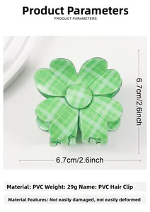 Detailed view of the green checkered flower hair claw clip with 6.7cm size dimensions
