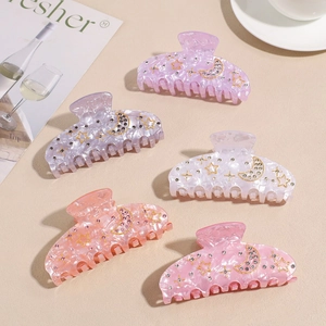 Elegant Cellulose Acetate Hair Claw Clip For Women Moon Star Pattern Rhinestone Marble Shark Clip Large Hair Accessories
