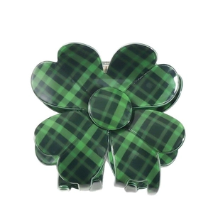 Green plaid clover-shaped hair claw clip with a glossy finish for elegant styling