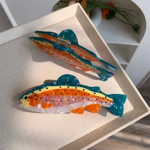 Elegant ocean fish acetate hair claw clips with colorful marble patterns set of two