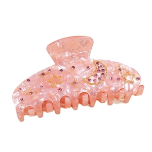 Pink marble pattern hair claw clip with rhinestones, moon and stars design for women