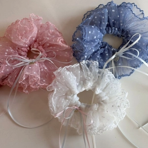 Set di 3 elastici per capelli in pizzo a pois con nastri lunghi in rosa, blu e bianco