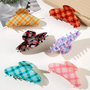 Classic PVC plaid hair claw clips set in six assorted retro colors for women hair styling
