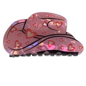 Pink glittery acrylic cowboy hat hair claw clip with red heart patterns for women