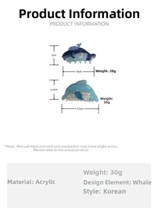Detailed size chart showing dimensions for blue whale and dolphin acrylic hair claw clips