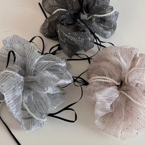 Elegant scrunchie set with faux pearls and black ribbon in grey and champagne colors
