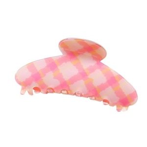 Classic PVC checkered hair claw clip in pink and orange plaid with strong metal spring