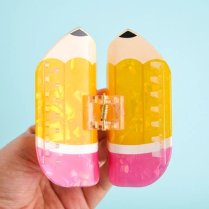 Creative pencil shaped hair claw clip in yellow and pink with acetate texture