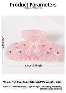 Pink marble texture acetate hair claw with rhinestone bow detail, 8.8cm large size