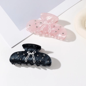 Elegant Acetate Bowknot Rhinestone Hair Claw For Women Marble Pattern Large Shark Clip Hairpin Hair Accessories Jewelry