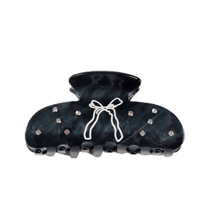 Elegant marble grey acetate hair claw clip with rhinestones and white bow design