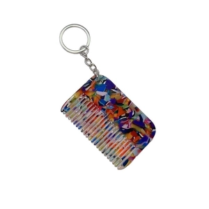 Colorful acetate mosaic mini hair comb keychain with silver metal ring and chain