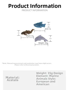 Size chart showing dimensions for shark, dolphin and leopard pattern hair claw clips