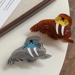 Chic walrus shaped cellulose acetate hair claw clips in brown amber and marble grey