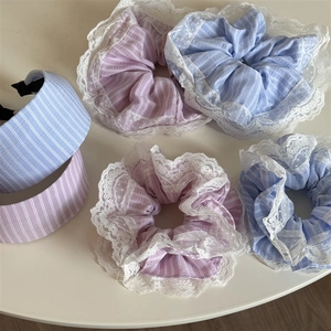 French lace striped headband and scrunchie set in light blue and purple fabric