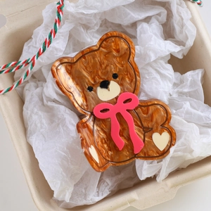 Süße Teddybär-Haarklammer aus braunem Acetat mit rosa Schleife in Geschenkverpackung