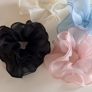 Sheer chiffon scrunchie set in black, pink, blue, and beige with elegant pleated textures