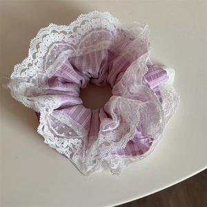 French style purple striped scrunchie with elegant white lace trim for women