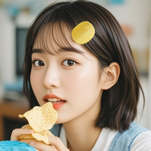 Realistic potato chip hair clip accessory shown on model for creative styling