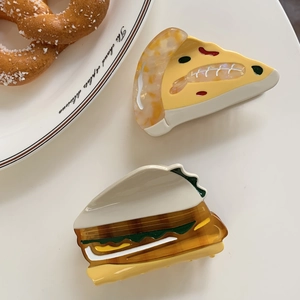 Creative acetate pizza and sandwich food shaped hair claw clips for women on white background
