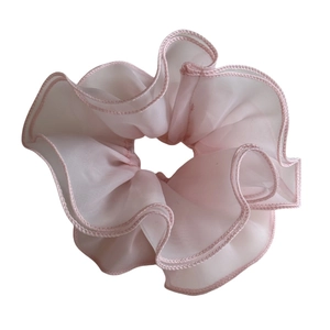 Light pink puff mesh scrunchie with multilayer organza ruffles and fine stitched edges